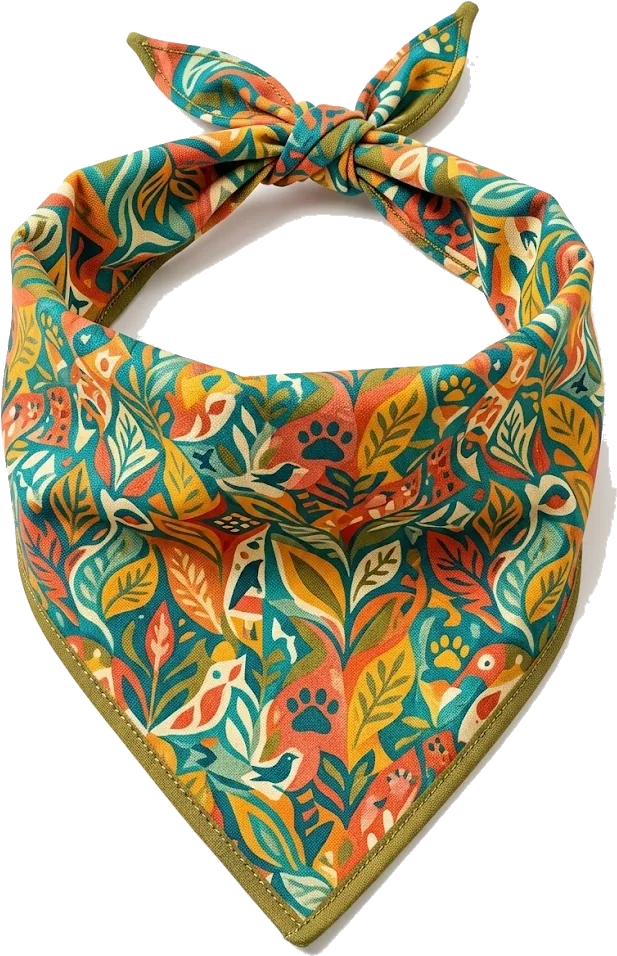 Custom printed tie-on dog bandana with leaf and bird pattern - Viepex bandanas