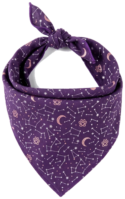 Purple constellation-print tie-on triangle dog bandana, knotted