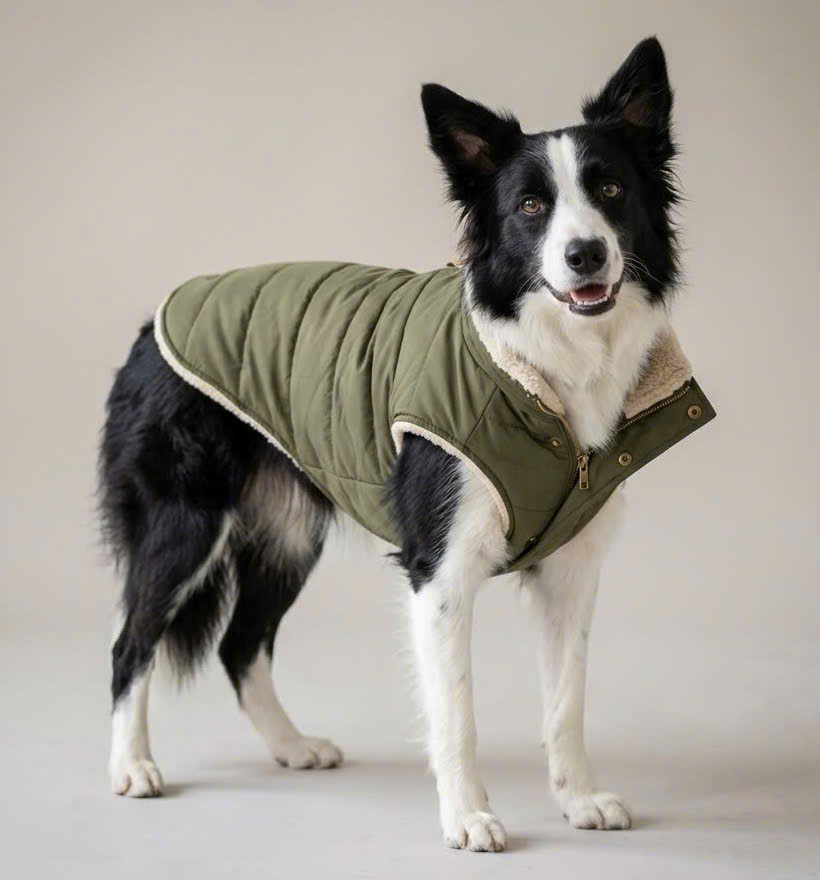 Border collie in an olive quilted fleece-lined jacket