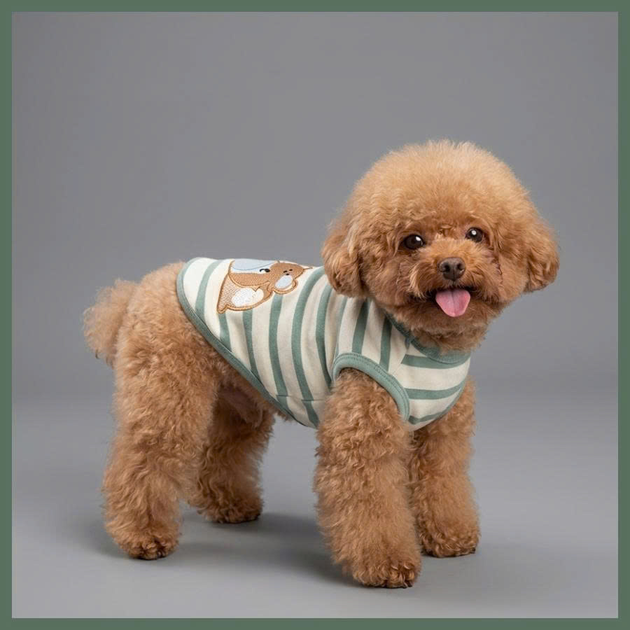 Poodle in a striped bear-print pajama tee