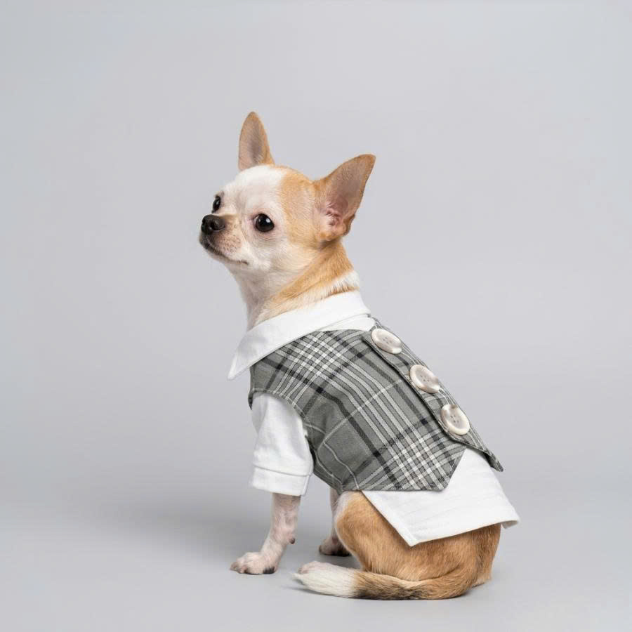 Chihuahua in a grey plaid tailored vest with white shirt