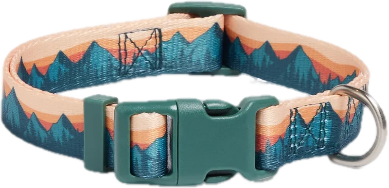 Mountain-print webbing dog collar with quick-release buckle