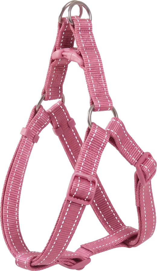 Pink step-in dog harness with white stitching