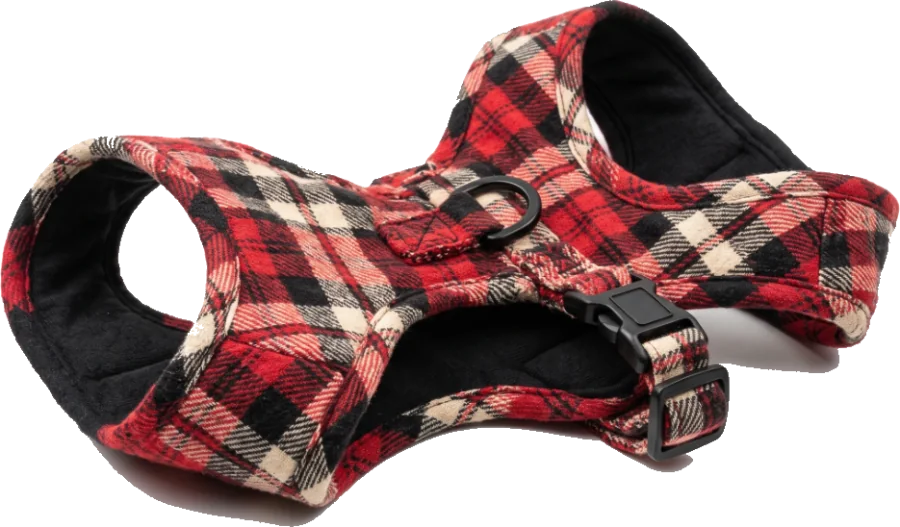 Red plaid flannel vest harness with black lining