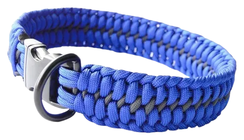 Hand-woven blue paracord collar with metal buckle and D-ring