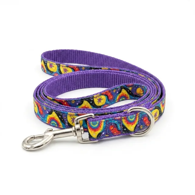 Yellow geometric folk-art printed webbing dog lead