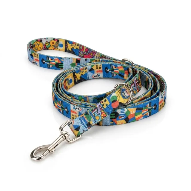 Yellow paws-and-bones printed dog lead with buckle